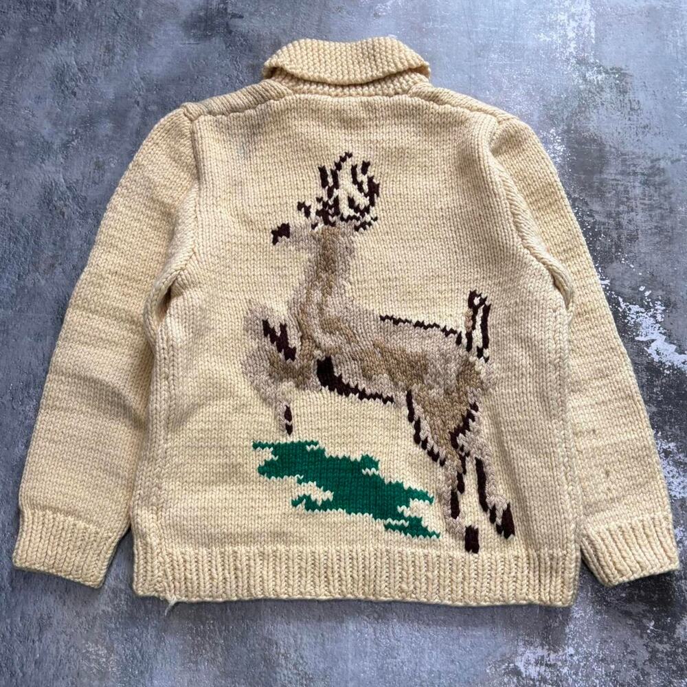 Vintage 50s Cowichan Sweater Hand Knit Buck Deer Zip Up Jacket Size Small